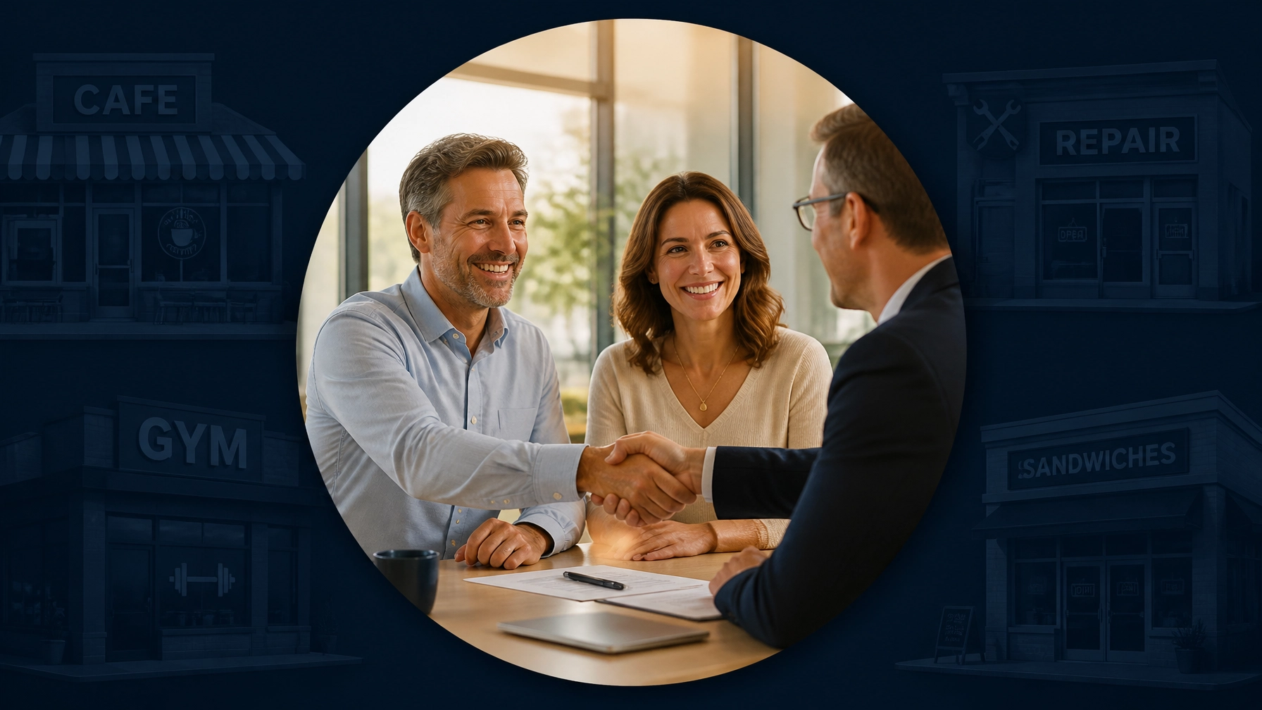 A professional couple shaking hands with a consultant, signifying the successful matchmaking process at FranLift.