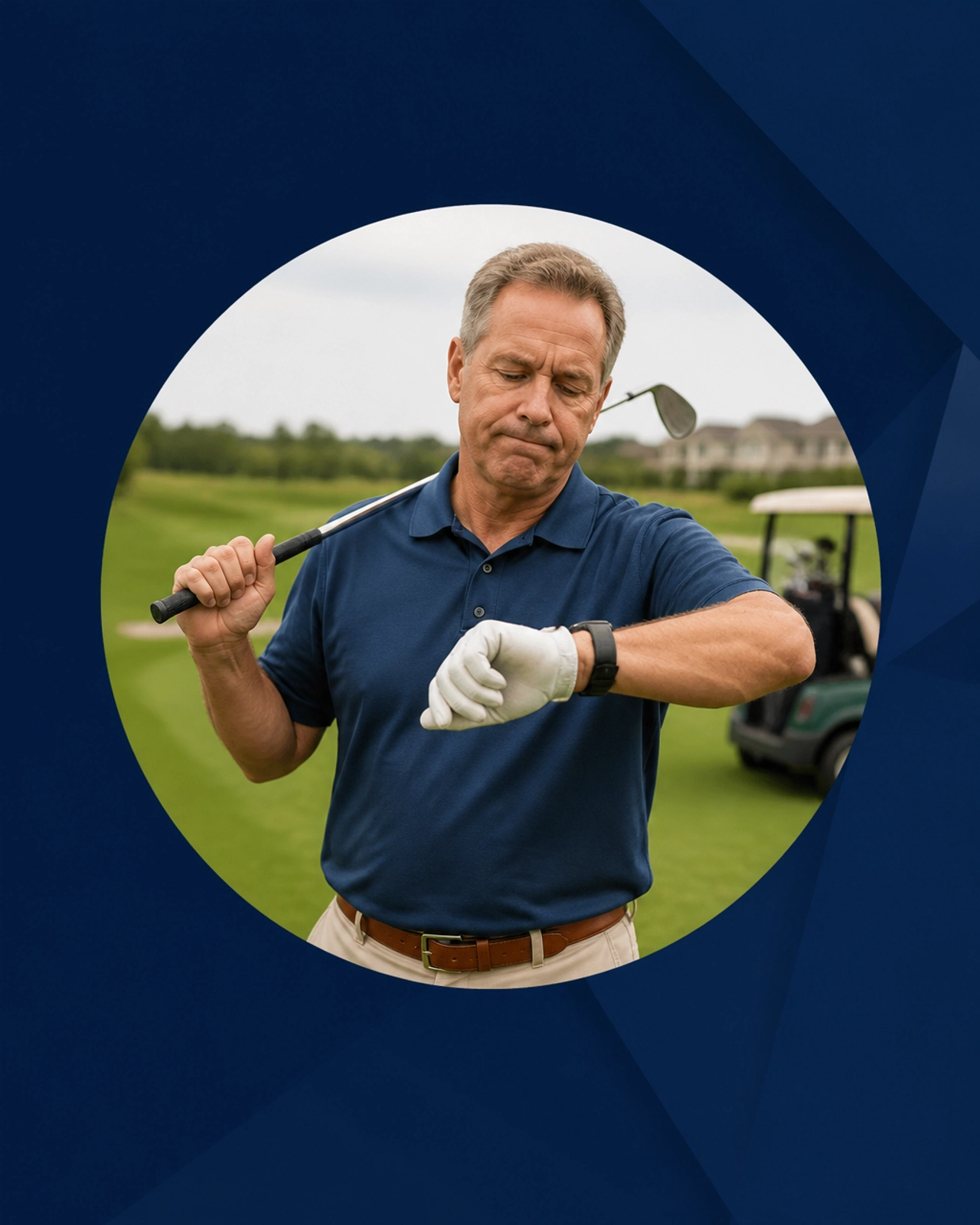 A bored retiree on a golf course inside a circular mask