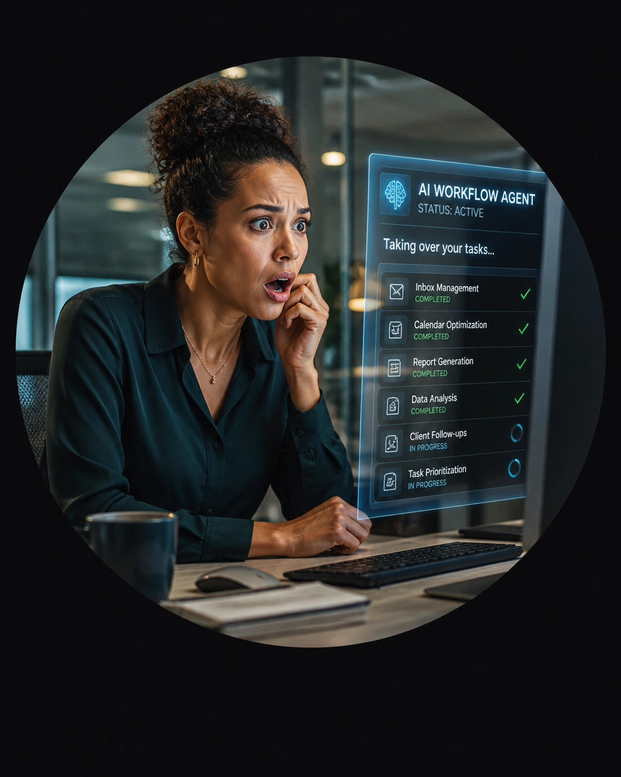 Shocked professional witnessing AI disruption in a modern office