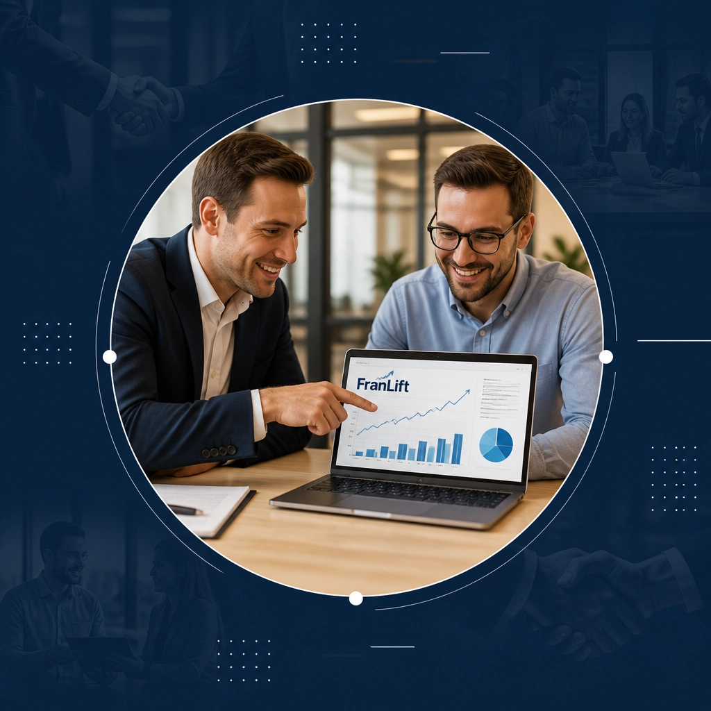 Professional and consultant discussing business growth in a circular frame