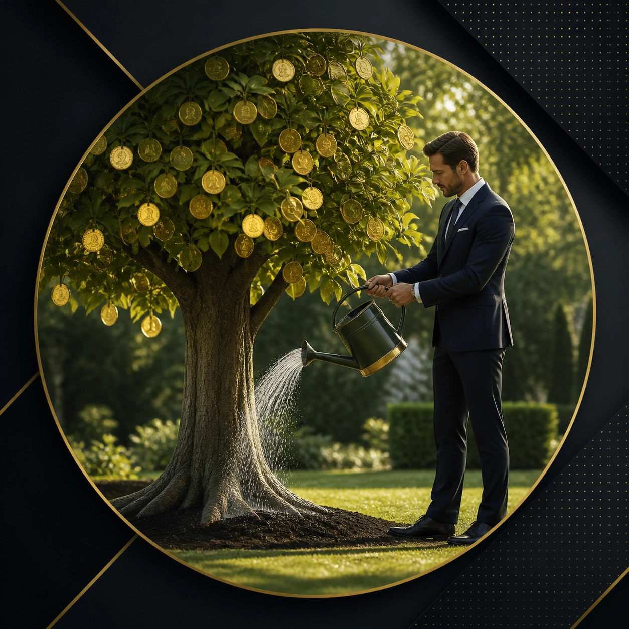A business gardener watering a tree with money leaves