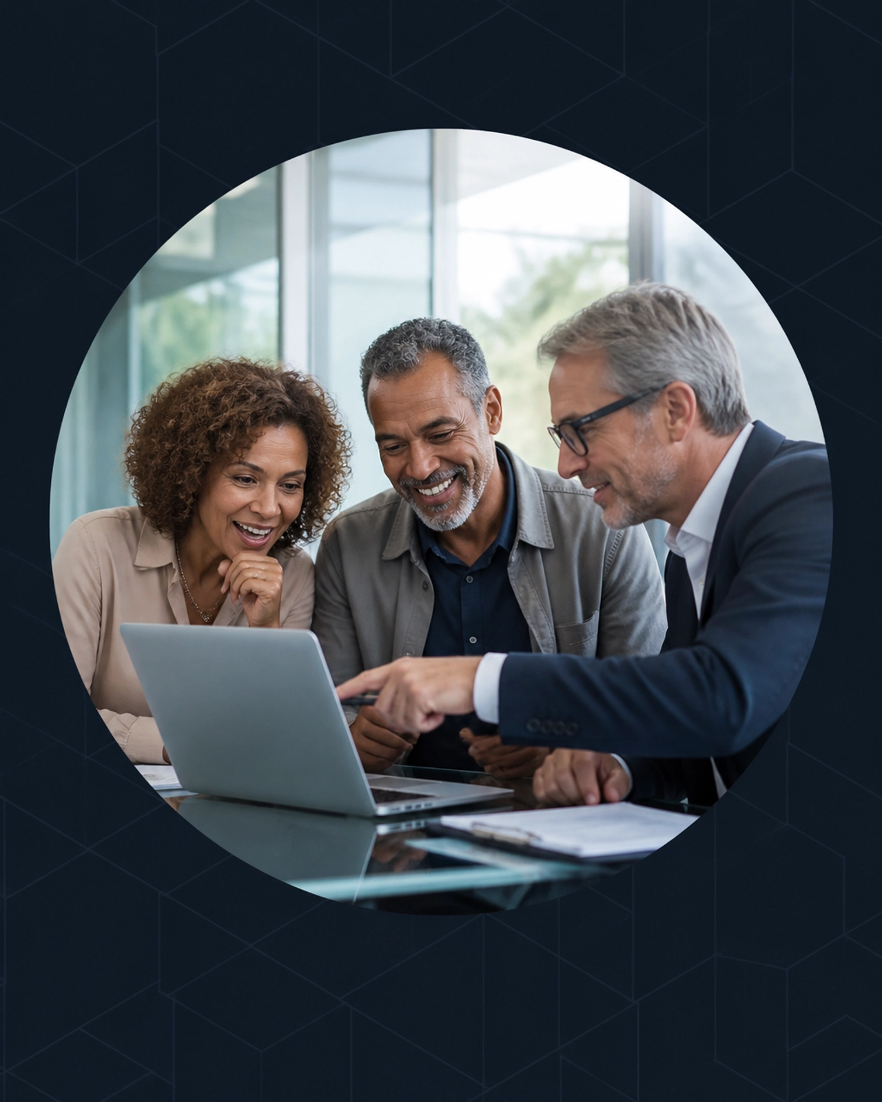 A couple excitedly looking at a laptop with a franchise consultant