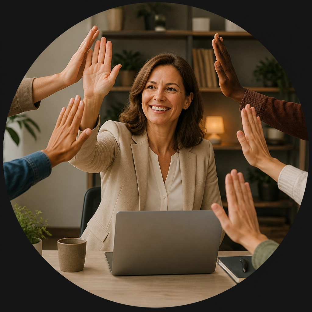 A professional high-fiving a supportive group, illustrating the community and mentorship found in franchising.