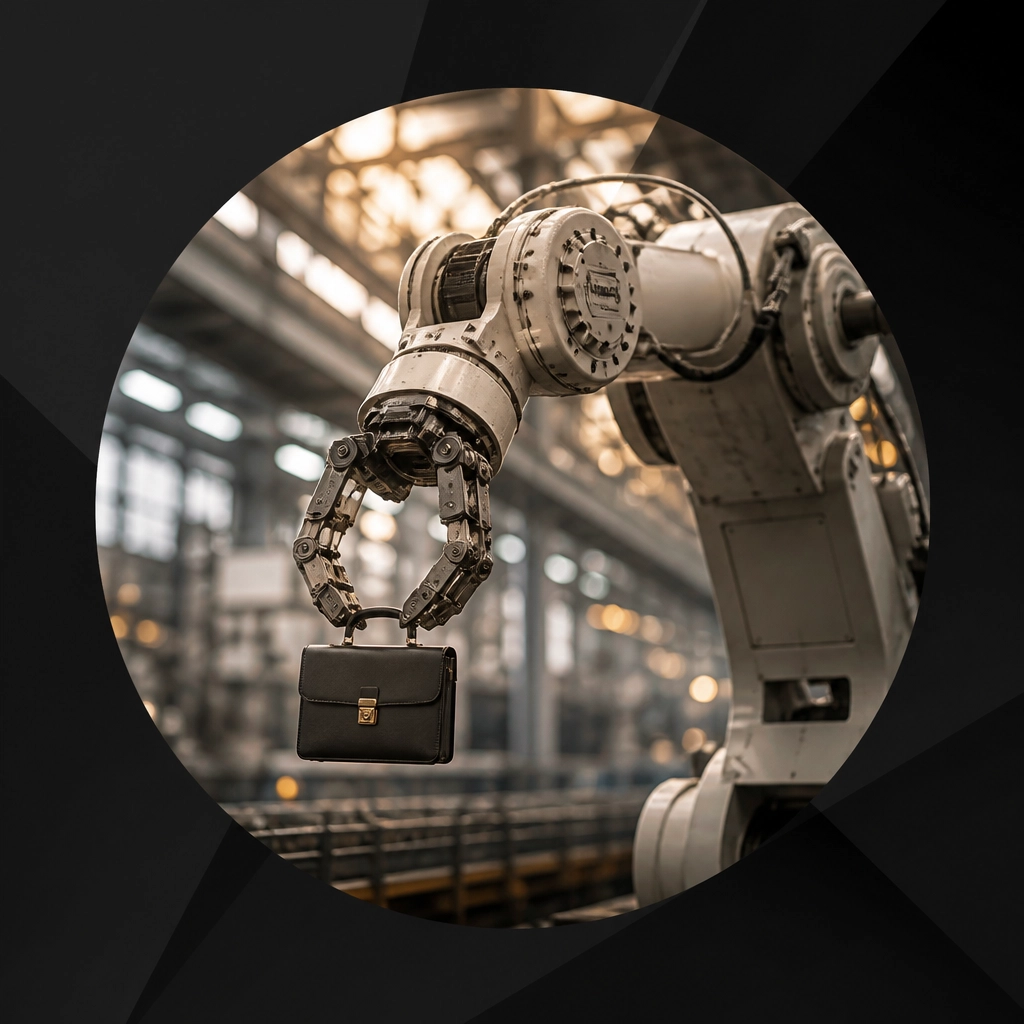 An industrial robot arm holding a professional briefcase in a factory setting