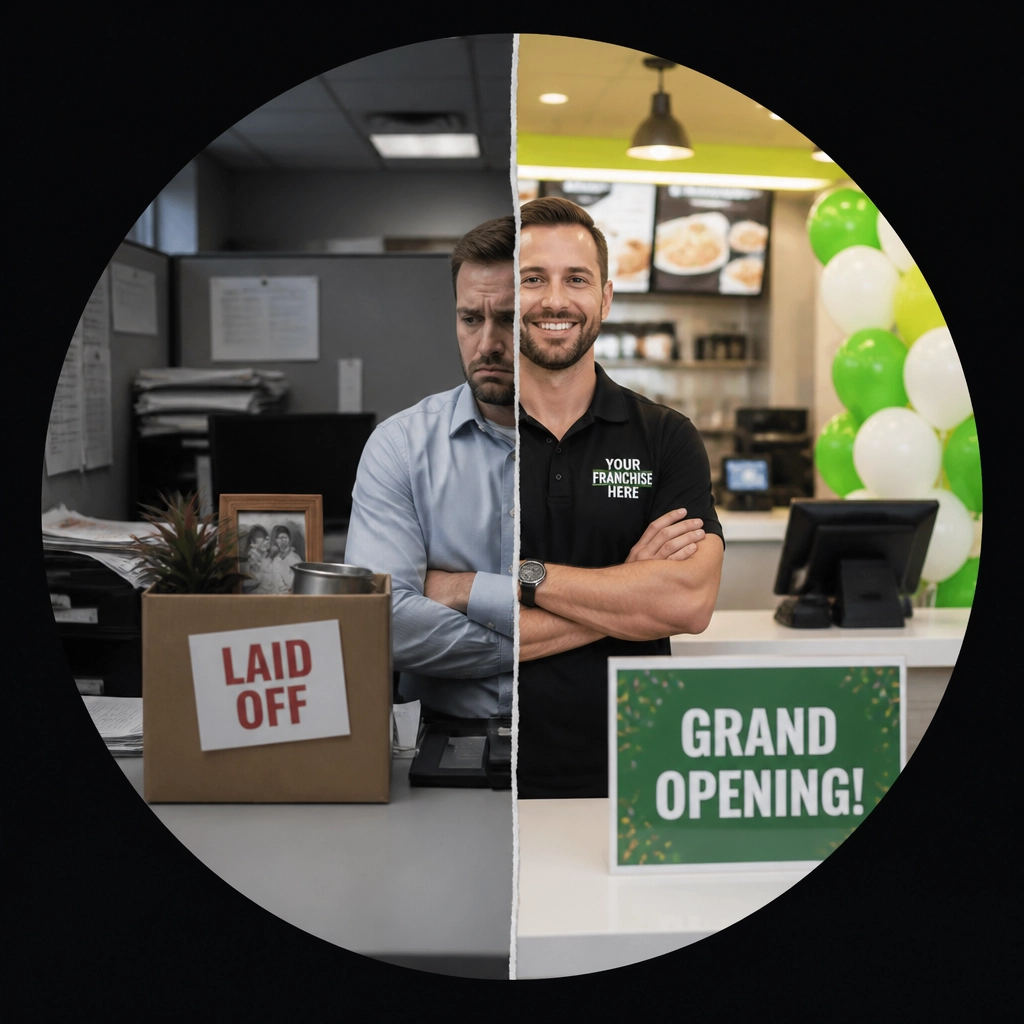 A metaphorical split desk showing a cluttered cubicle on one side and a bright new franchise storefront on the other, representing career transition.