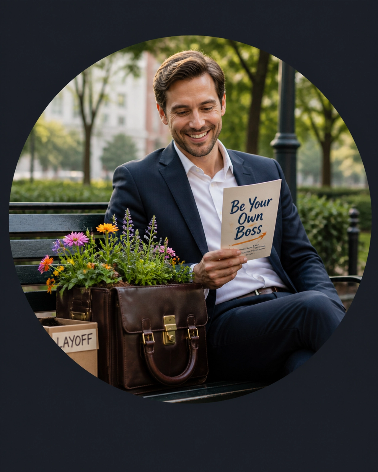 A man sitting on a park bench with a briefcase turned into a flower planter.