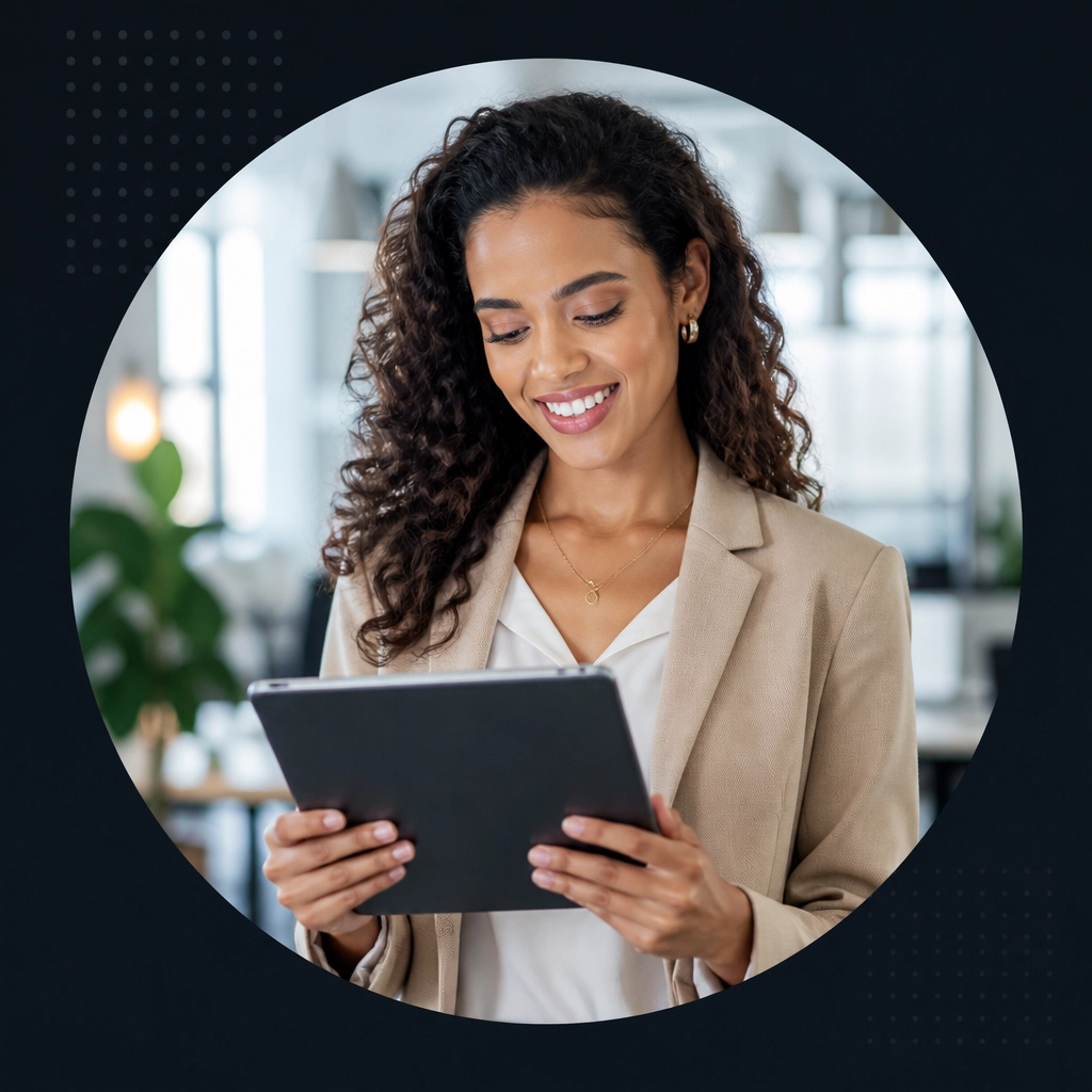 A professional woman looking at a tablet with a relieved smile in a modern office