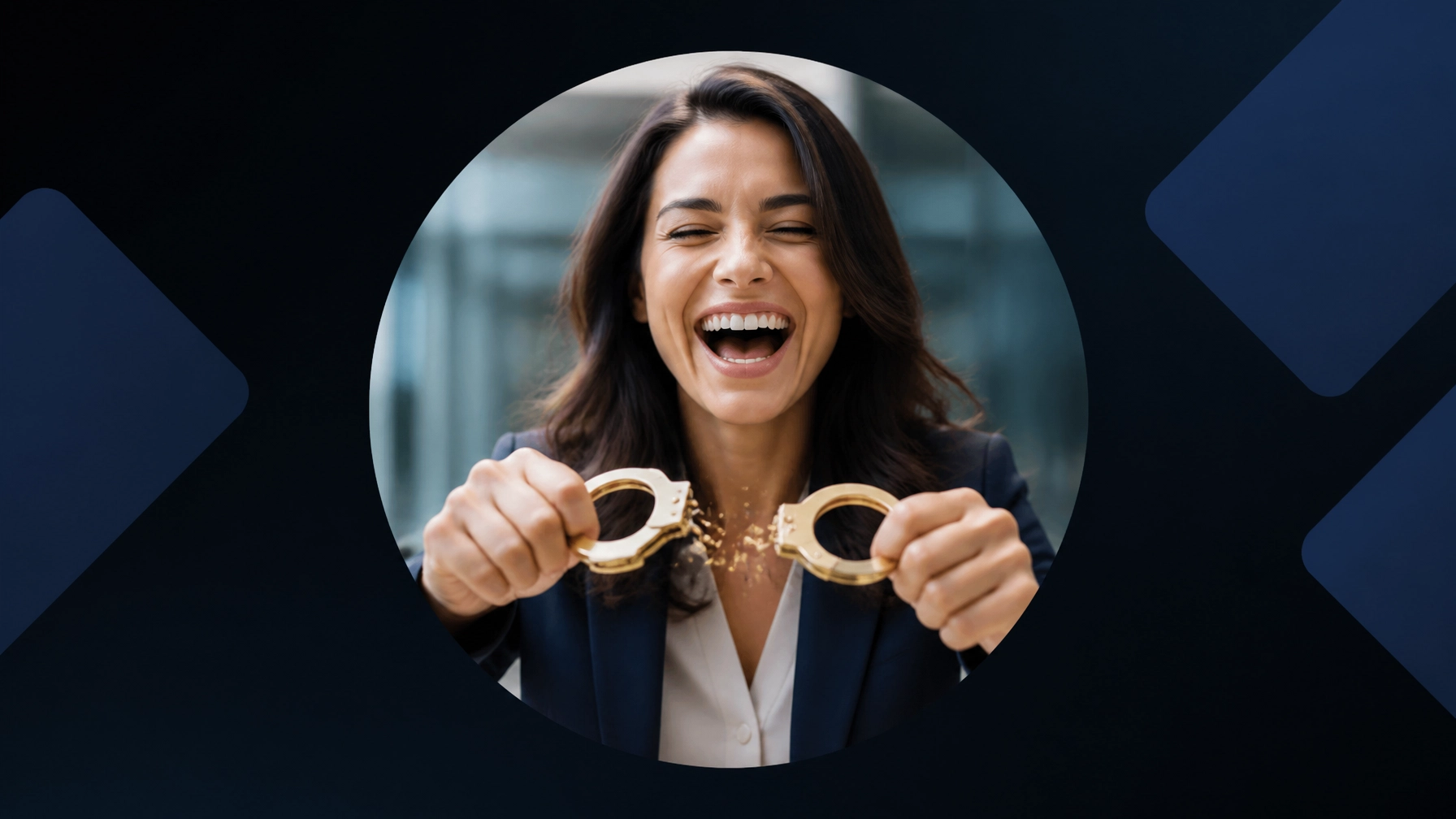 A professional laughing while snapping golden handcuffs, shown in a high-quality AI-generated circular portrait against a dark minimalist background with blue geometric accents.