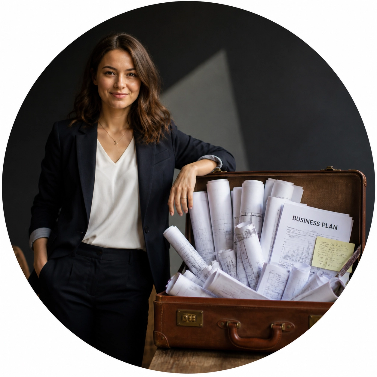 A professional woman with a suitcase full of business blueprints, representing a fresh start after divorce.