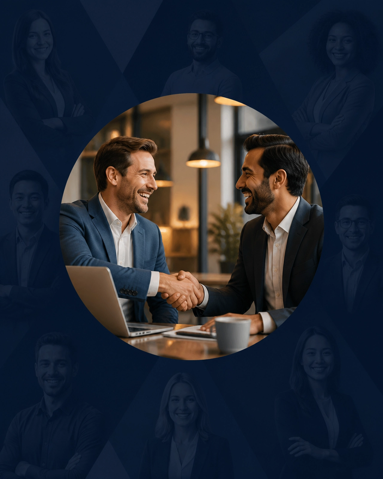Two business partners shaking hands in a circular mask