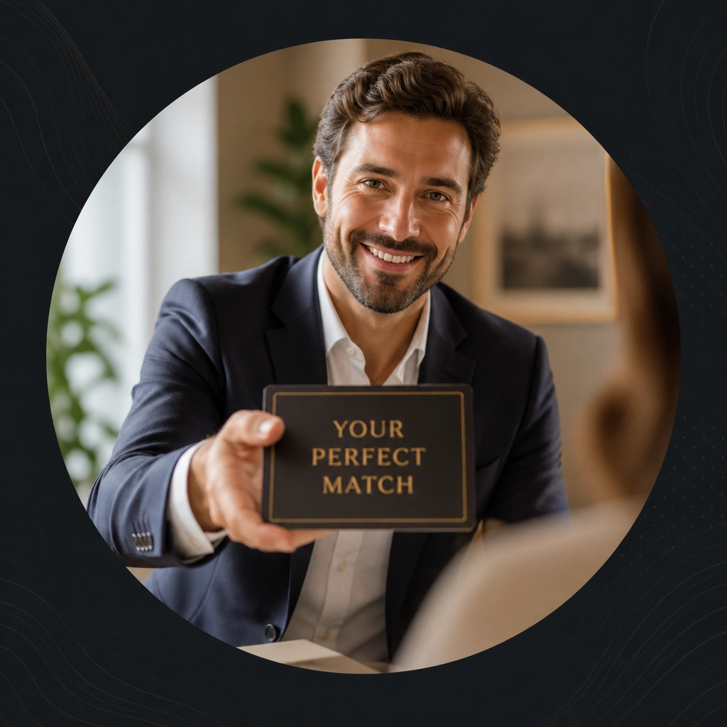 A friendly franchise consultant presenting a perfect match card