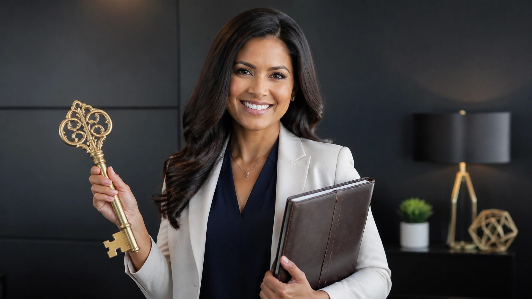 A confident, approachable franchise consultant smiling warmly while holding a franchise agreement and a symbolic key in a modern professional setting
