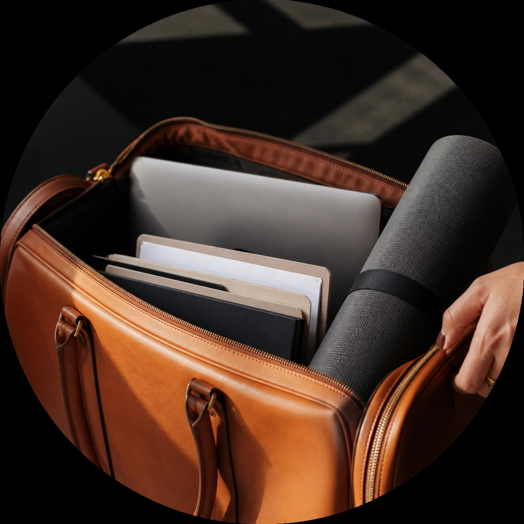 A professional suitcase packed with business documents and a yoga mat, symbolizing a fresh start and personal independence.