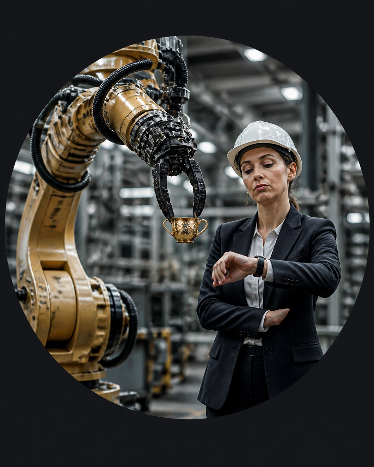 An industrial robot attempting a delicate task, symbolizing the limits of automation and the need for human oversight.