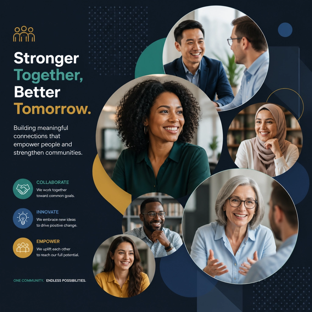 A modern collage-inspired layout featuring strategic layering of perfect circular masks. Each mask contains a high-resolution portrait of a diverse professional subject smiling and engaging in genuine interactions.