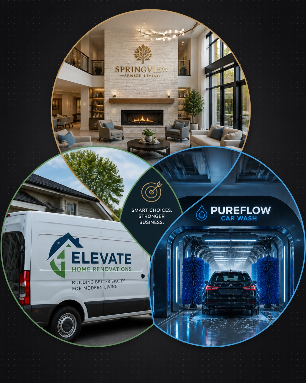 A collage of different franchise business models in circular masks