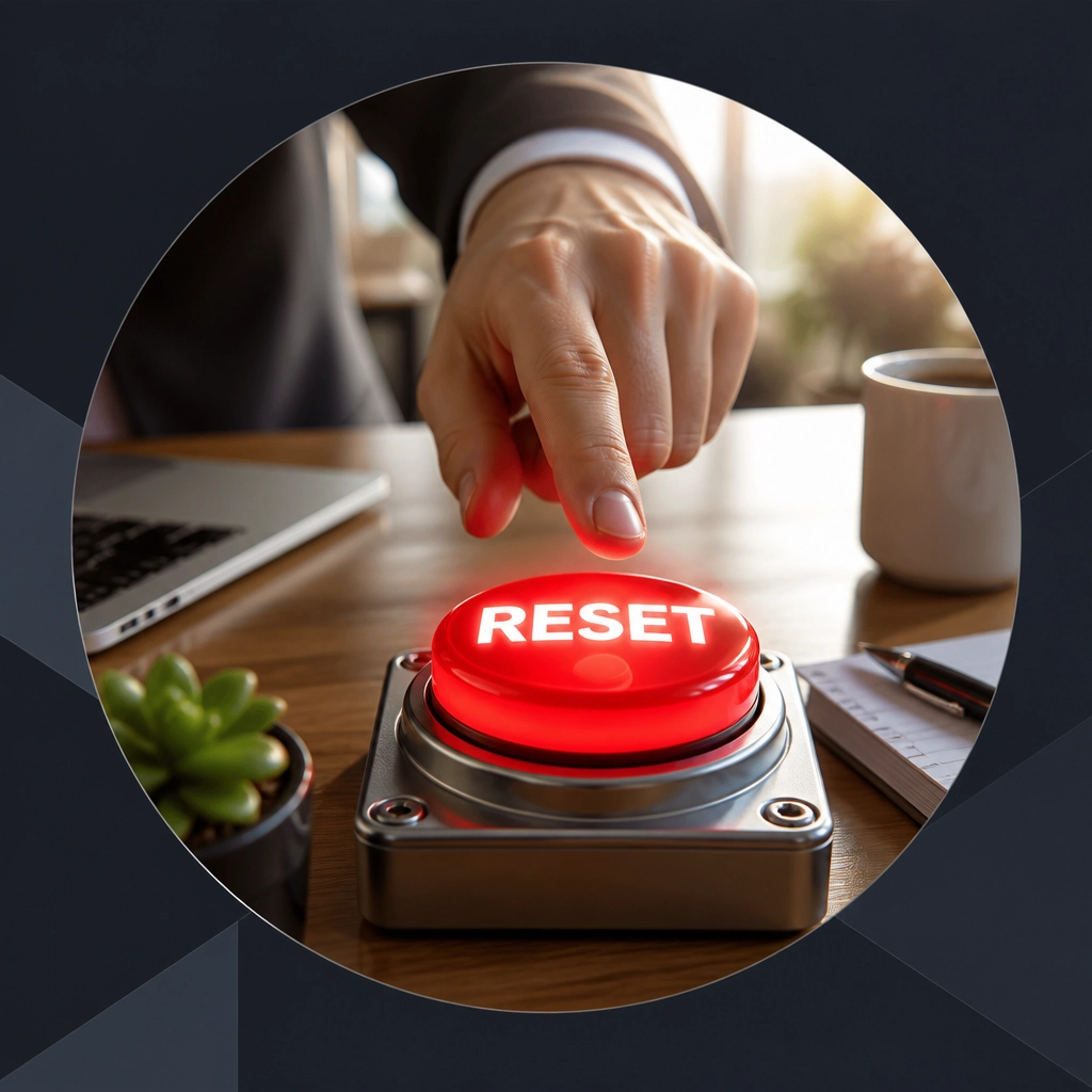 A hand about to press a giant red 'RESET' button on a modern desk