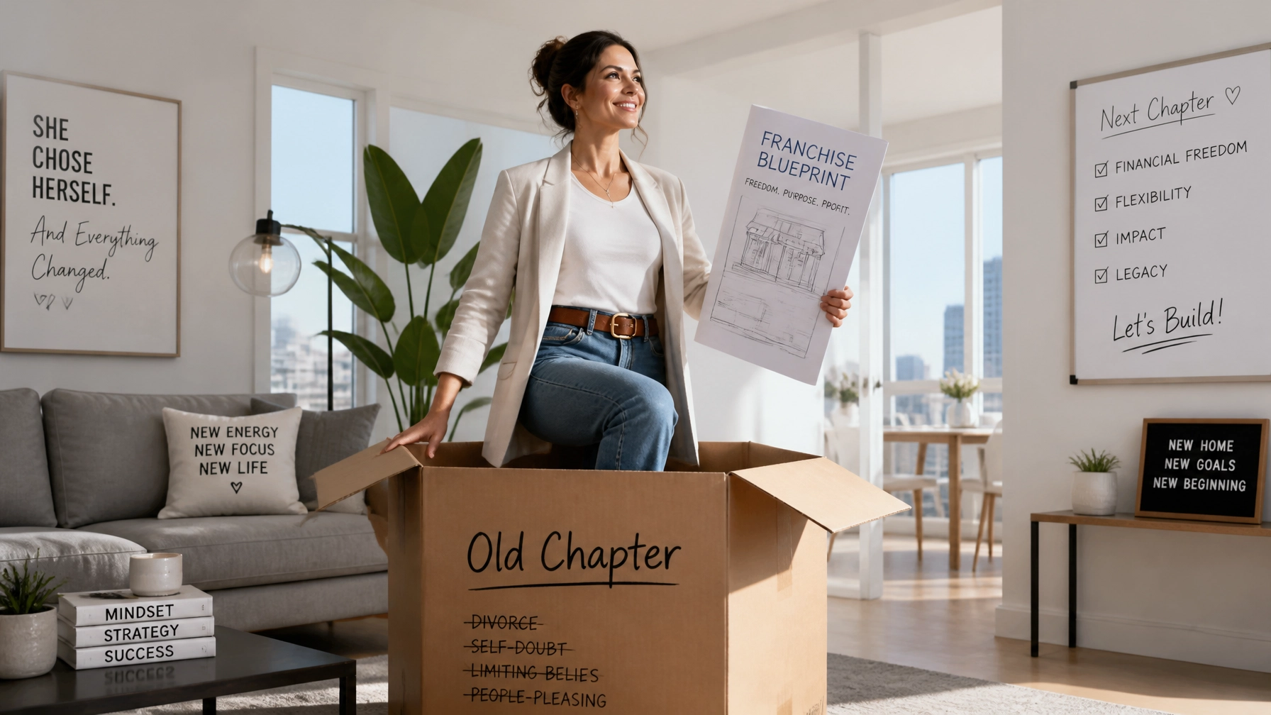 A confident woman holding a franchise blueprint stepping out of a moving box labeled Old Chapter