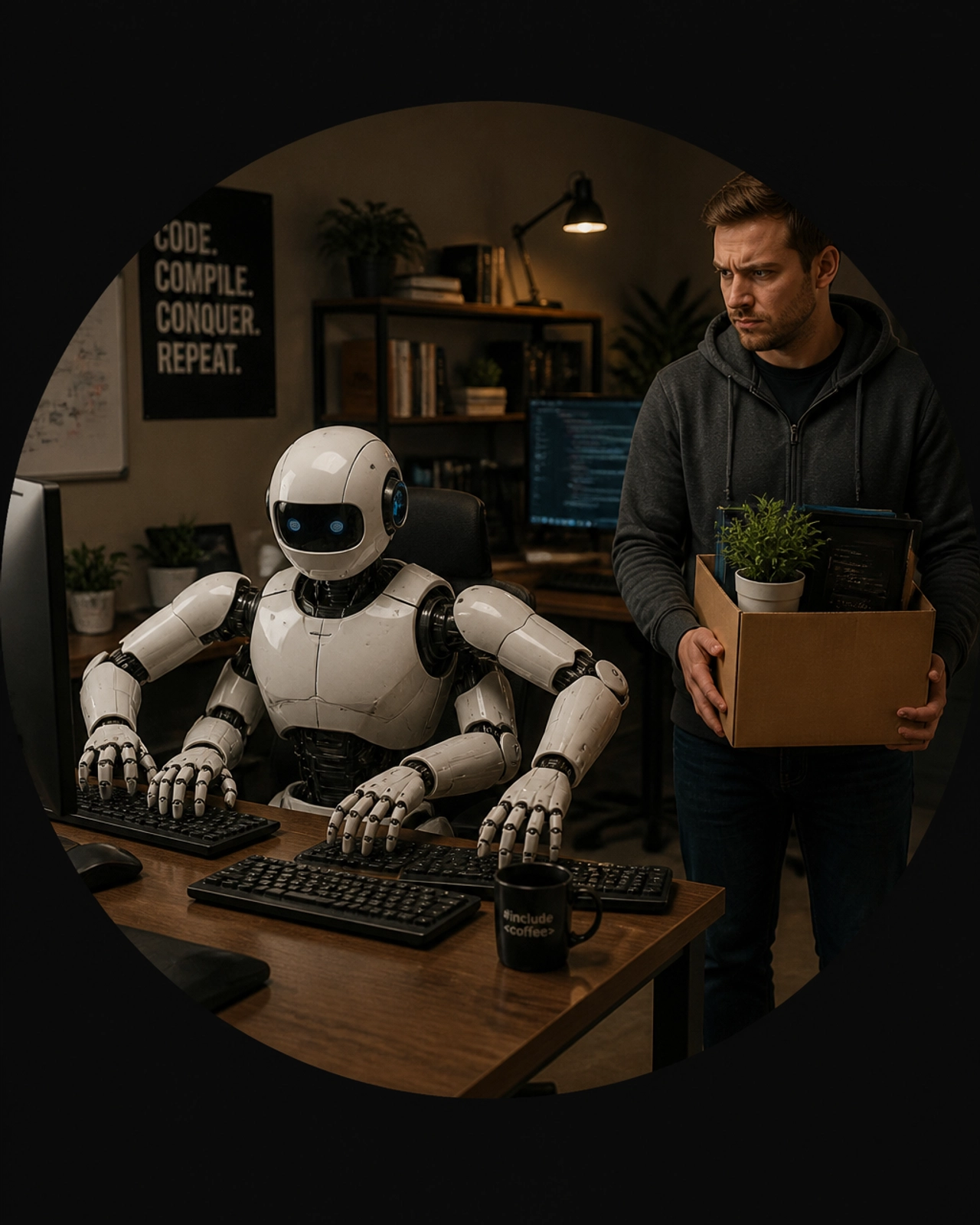 A robot programmer working at high speed while a human developer prepares to leave, illustrating the displacement in the tech sector.