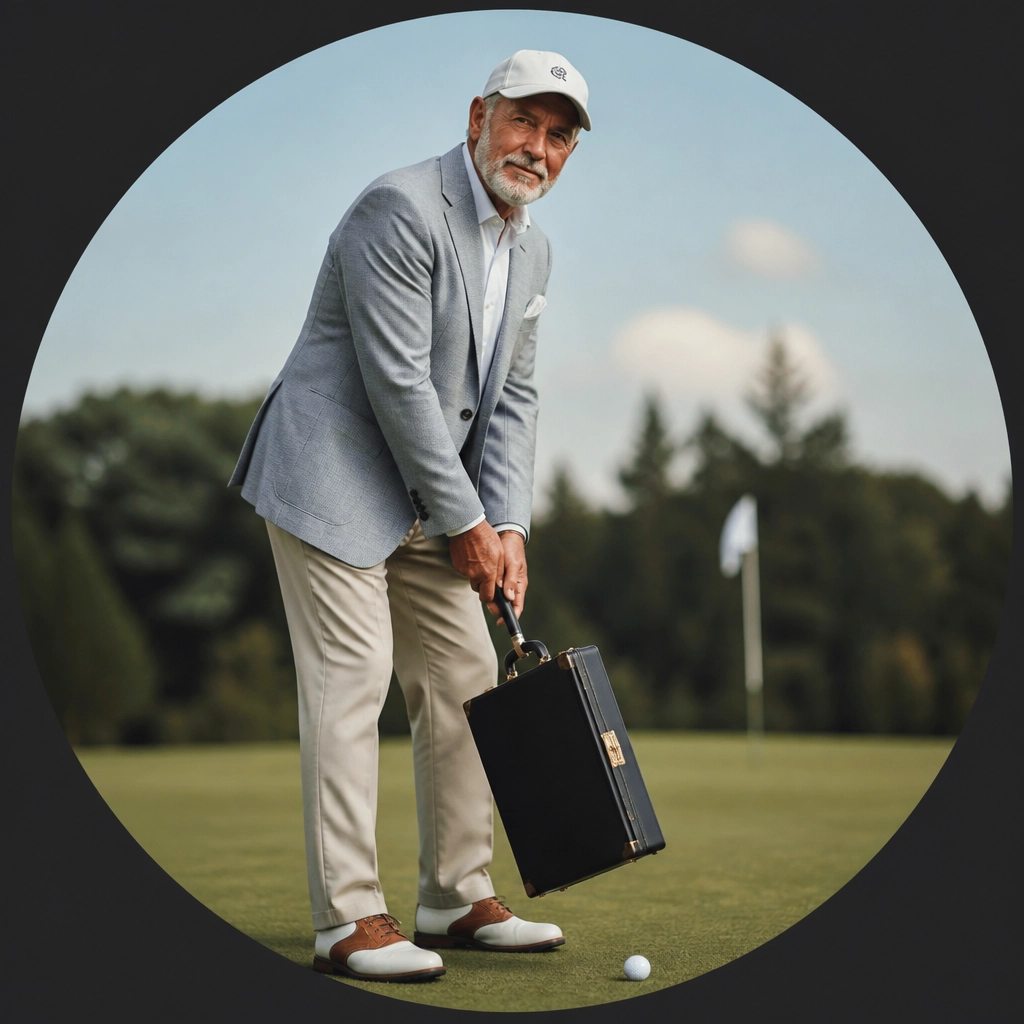 A professional senior golfer holding a business briefcase on a golf course, illustrating the active 