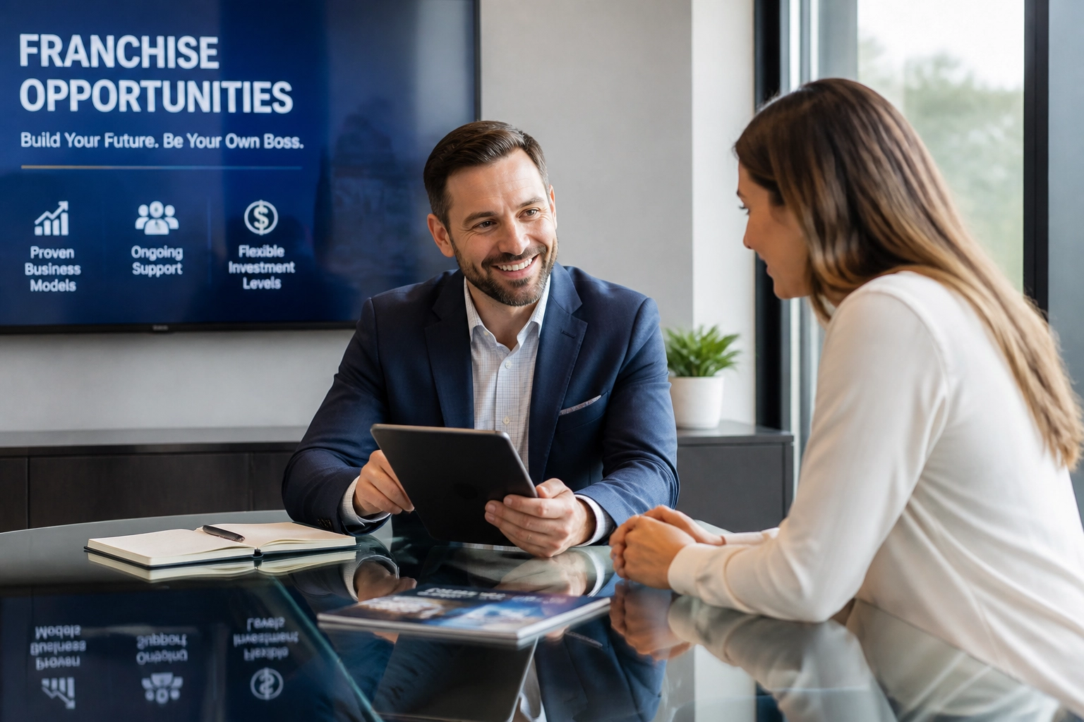 A professional franchise consultant reviewing opportunities with a client