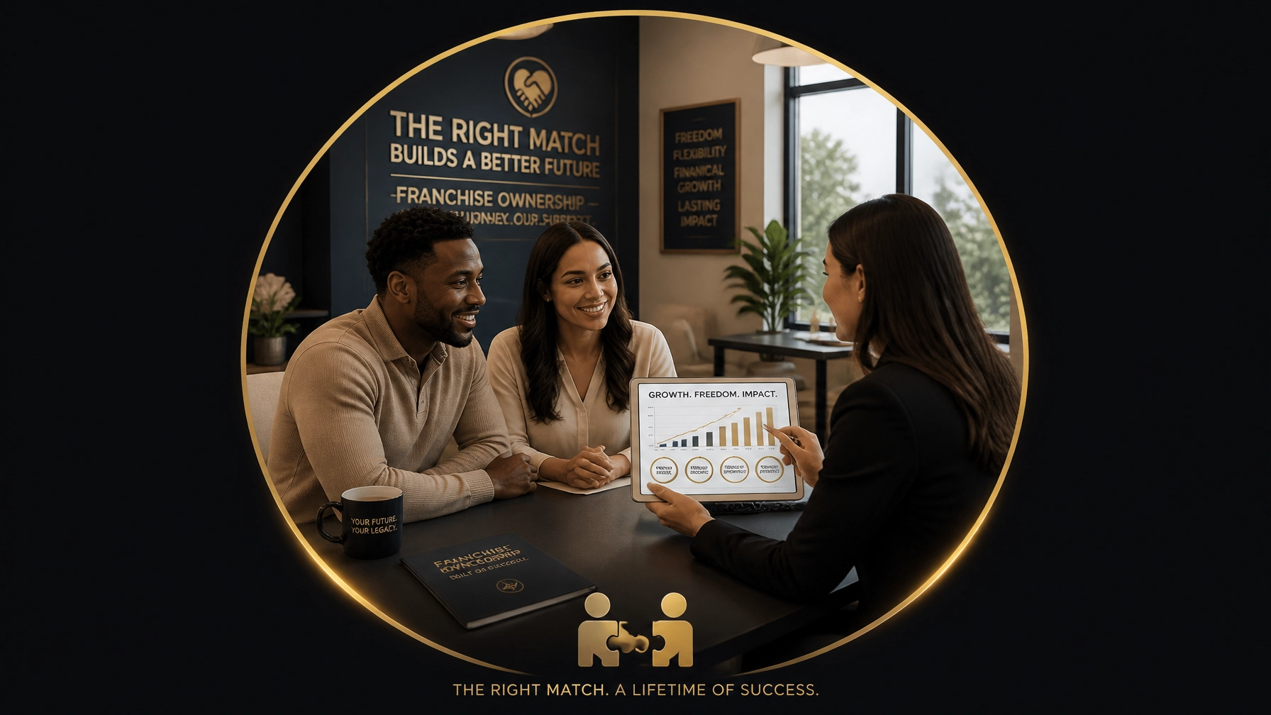 A couple meeting with a consultant in a clean, modern office, framed in a circular boundary