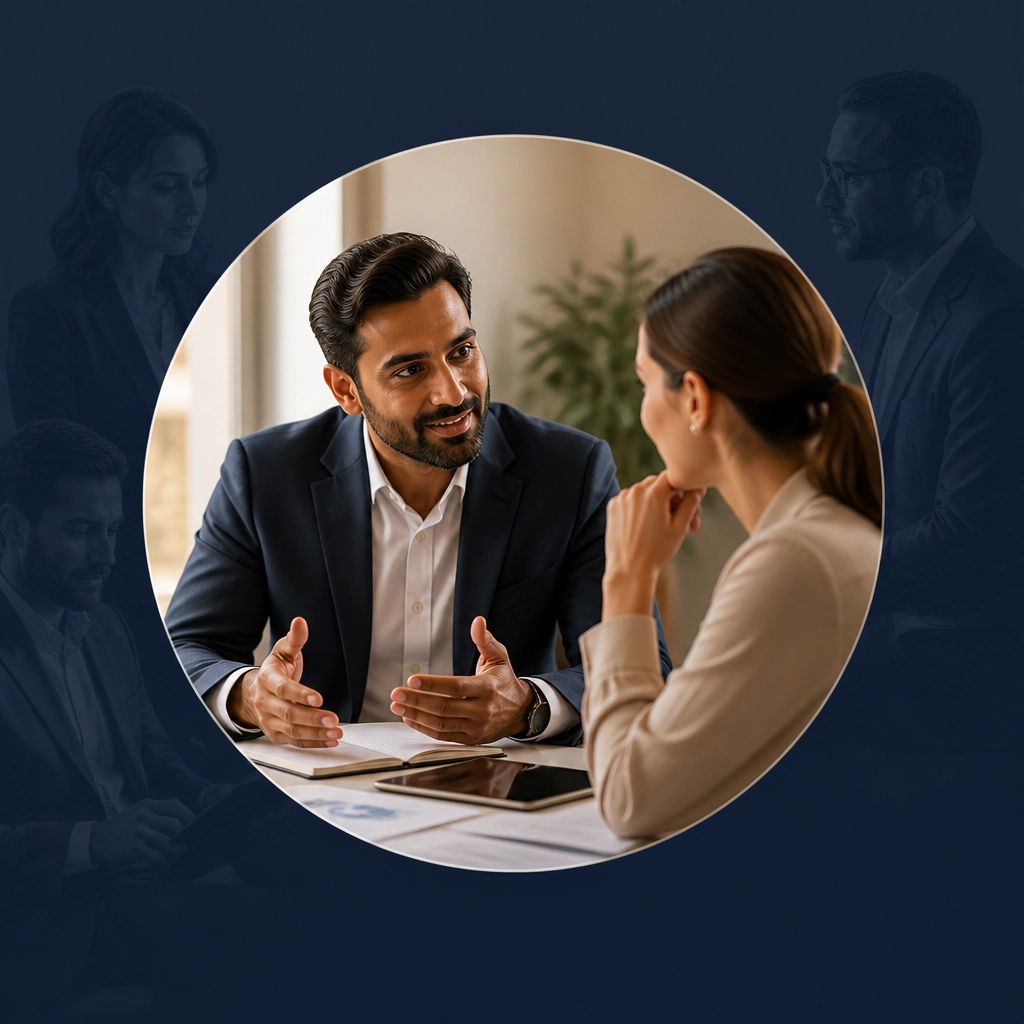 Professional advisor and client discussing franchise business models in a circular mask