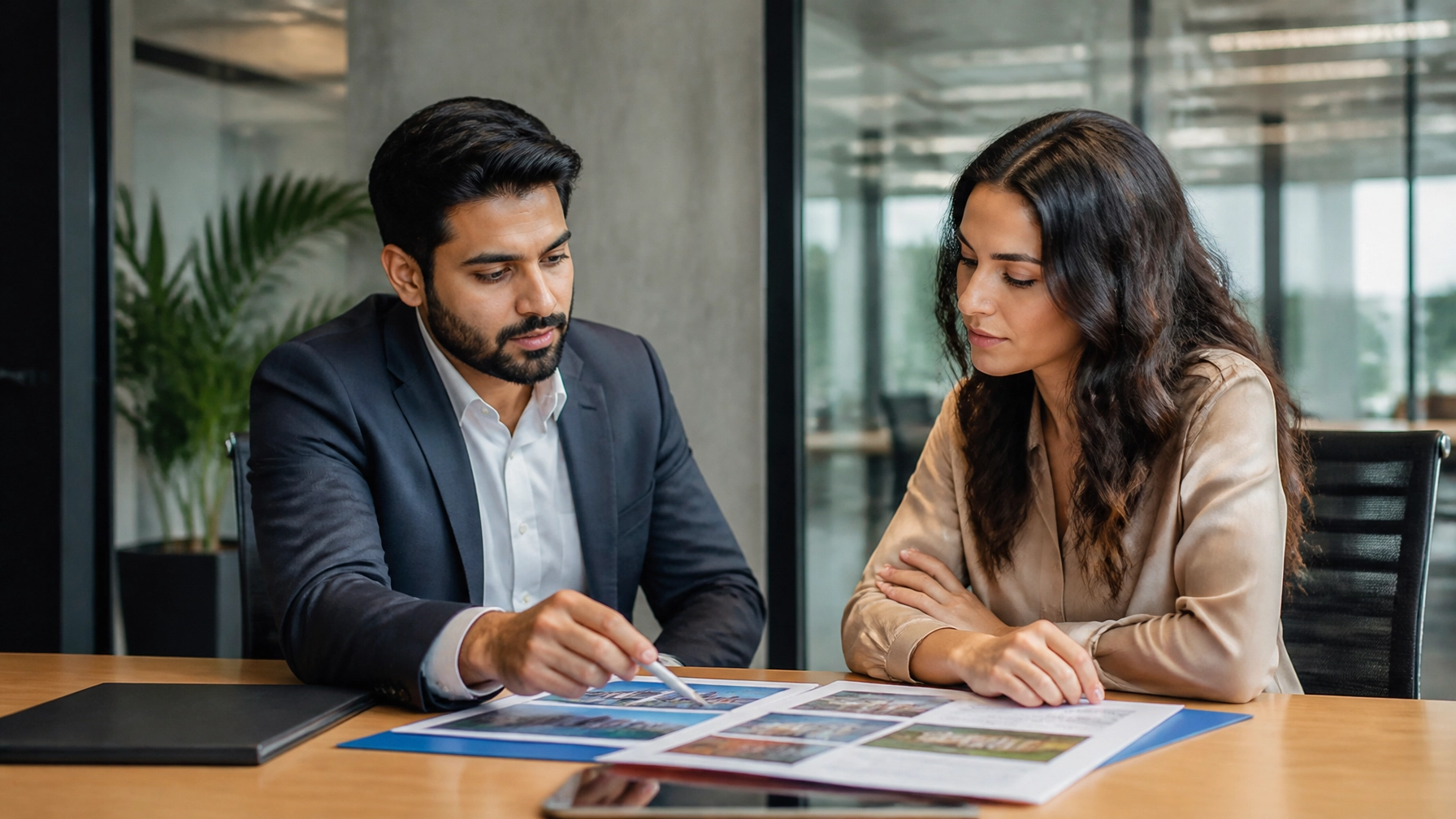 A high-resolution business consultation scene with an advisor and client reviewing franchise options