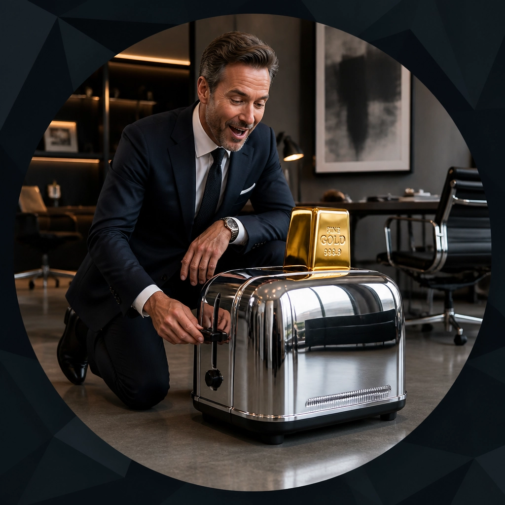 A businessman kneeling by a giant toaster that is popping out a gold bar, symbolizing the transformation of a career setback into a financial asset