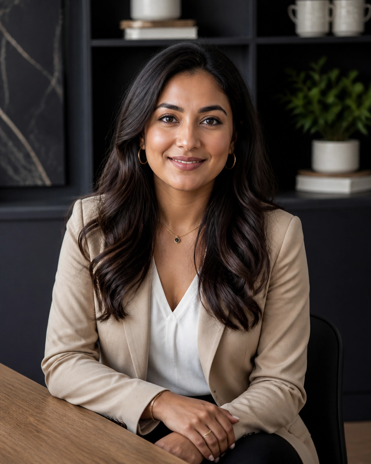 Deora, a professional and friendly-looking woman in business-casual attire, seated in a modern office setting.