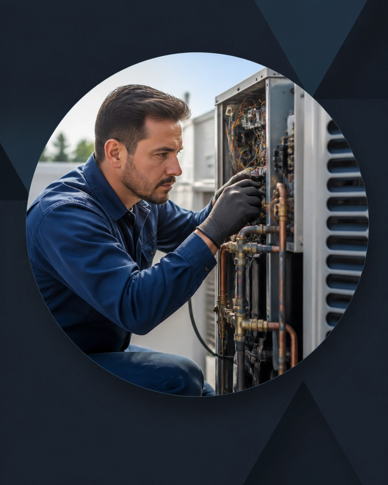 A professional HVAC technician in a circular mask highlighting the human element of skilled trades