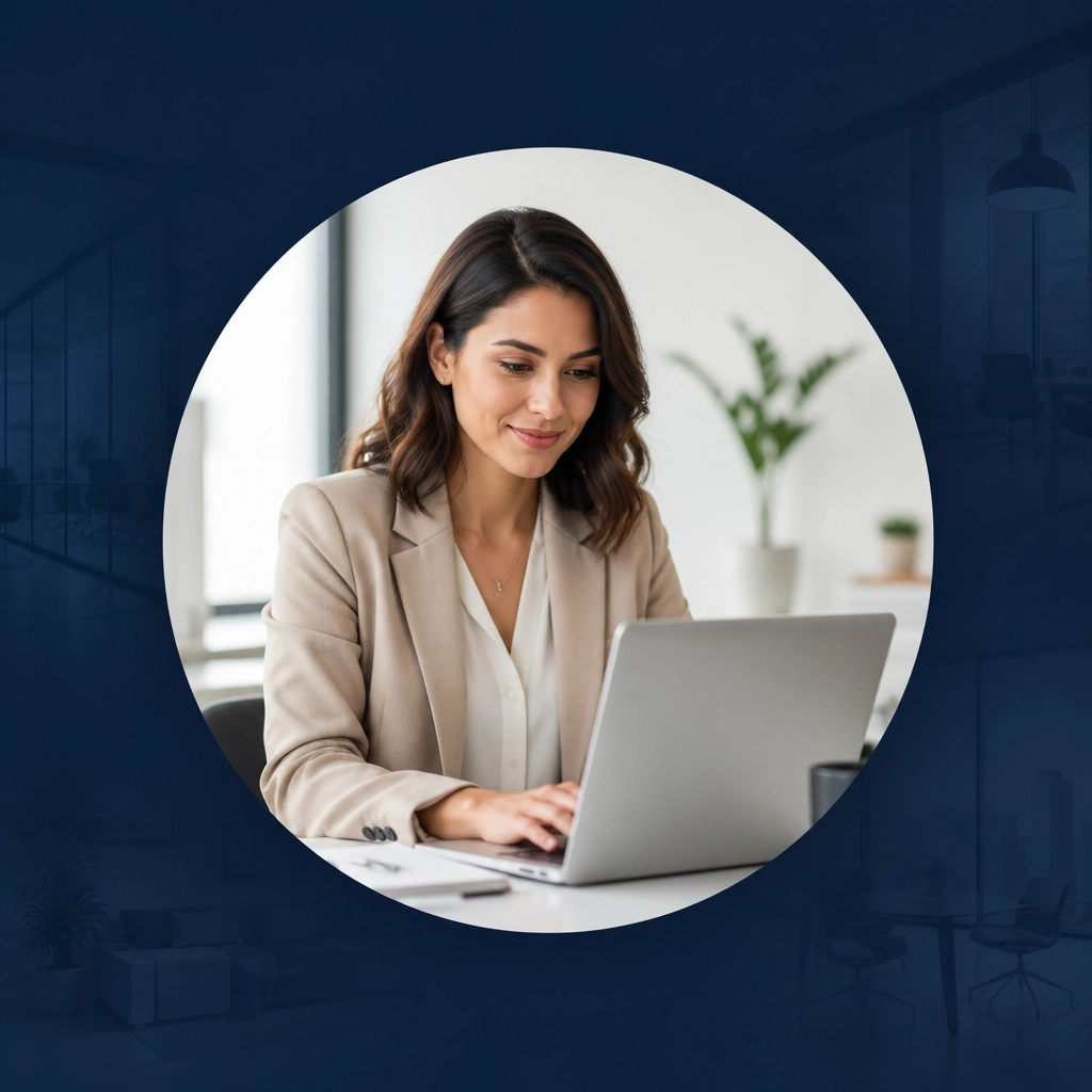 A professional female working on a laptop within a circular frame