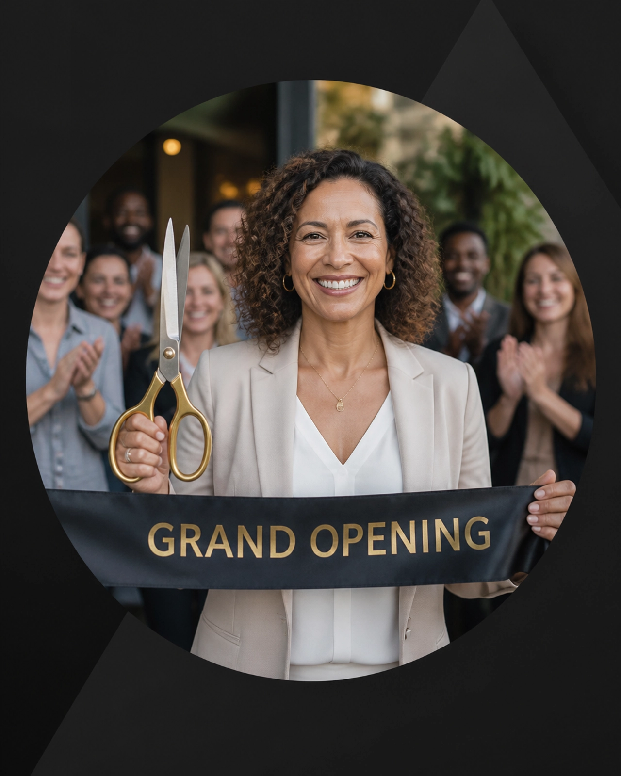 A confident woman holding grand opening scissors, celebrating her independence.