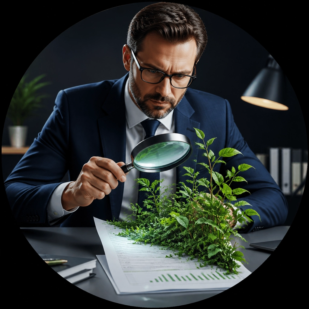 A professional using a magnifying glass to turn a document into a growing garden