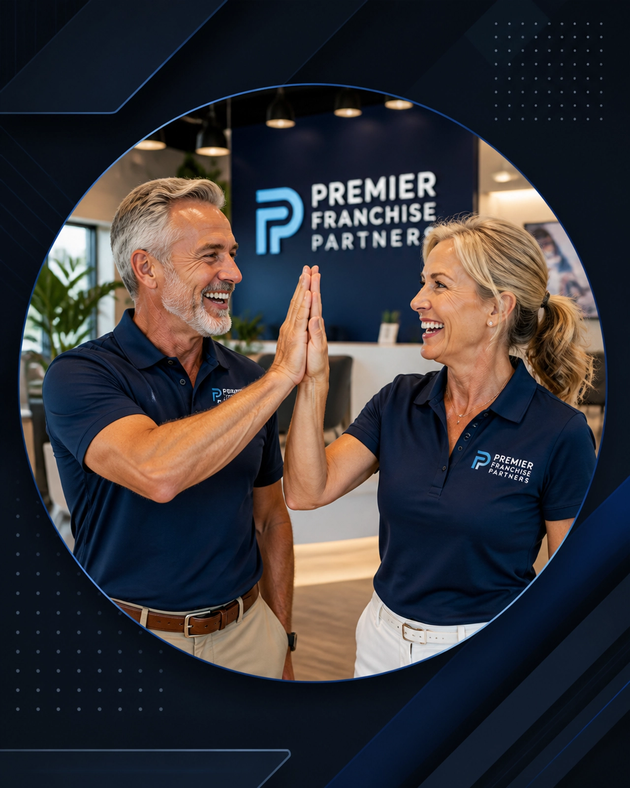 A vibrant couple high-fiving in their new franchise storefront.