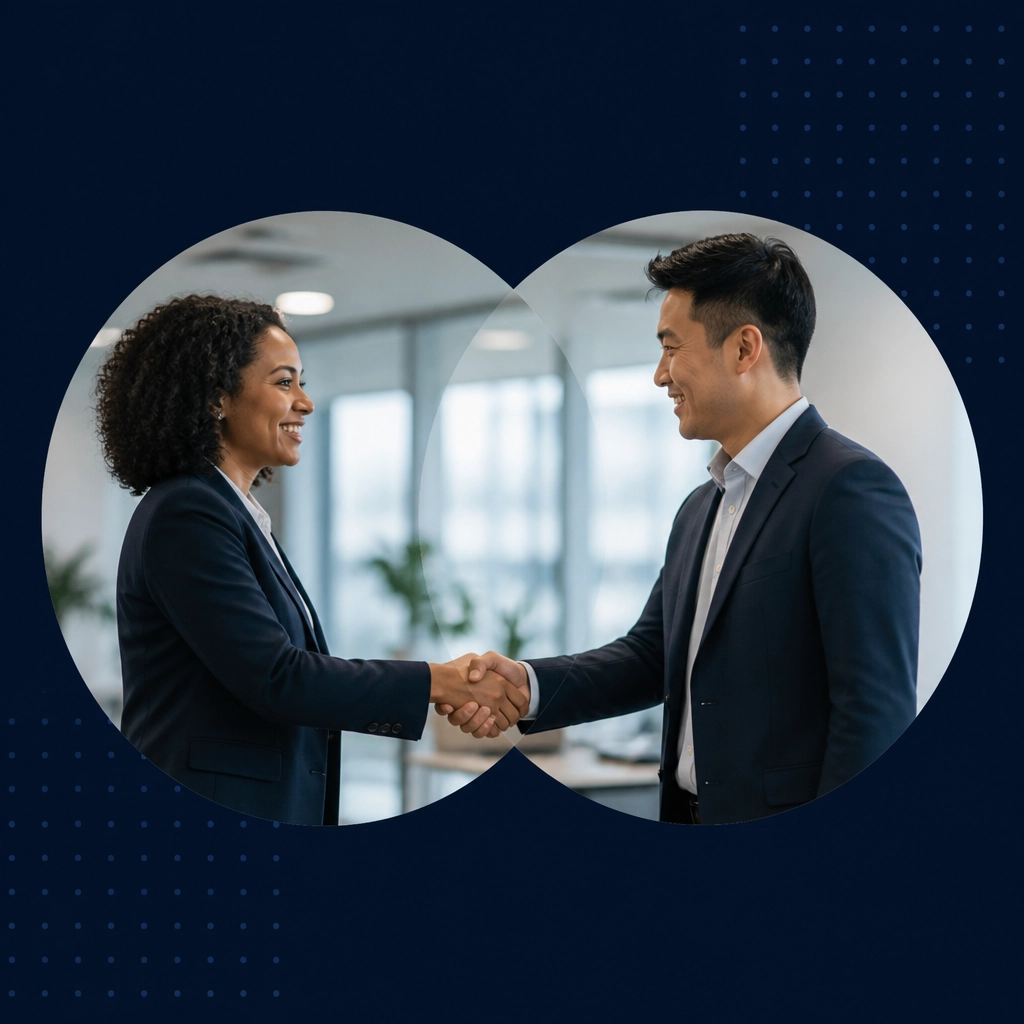 Two professionals in separate circular frames shaking hands, symbolizing the successful partnership between a consultant and a new franchise owner.