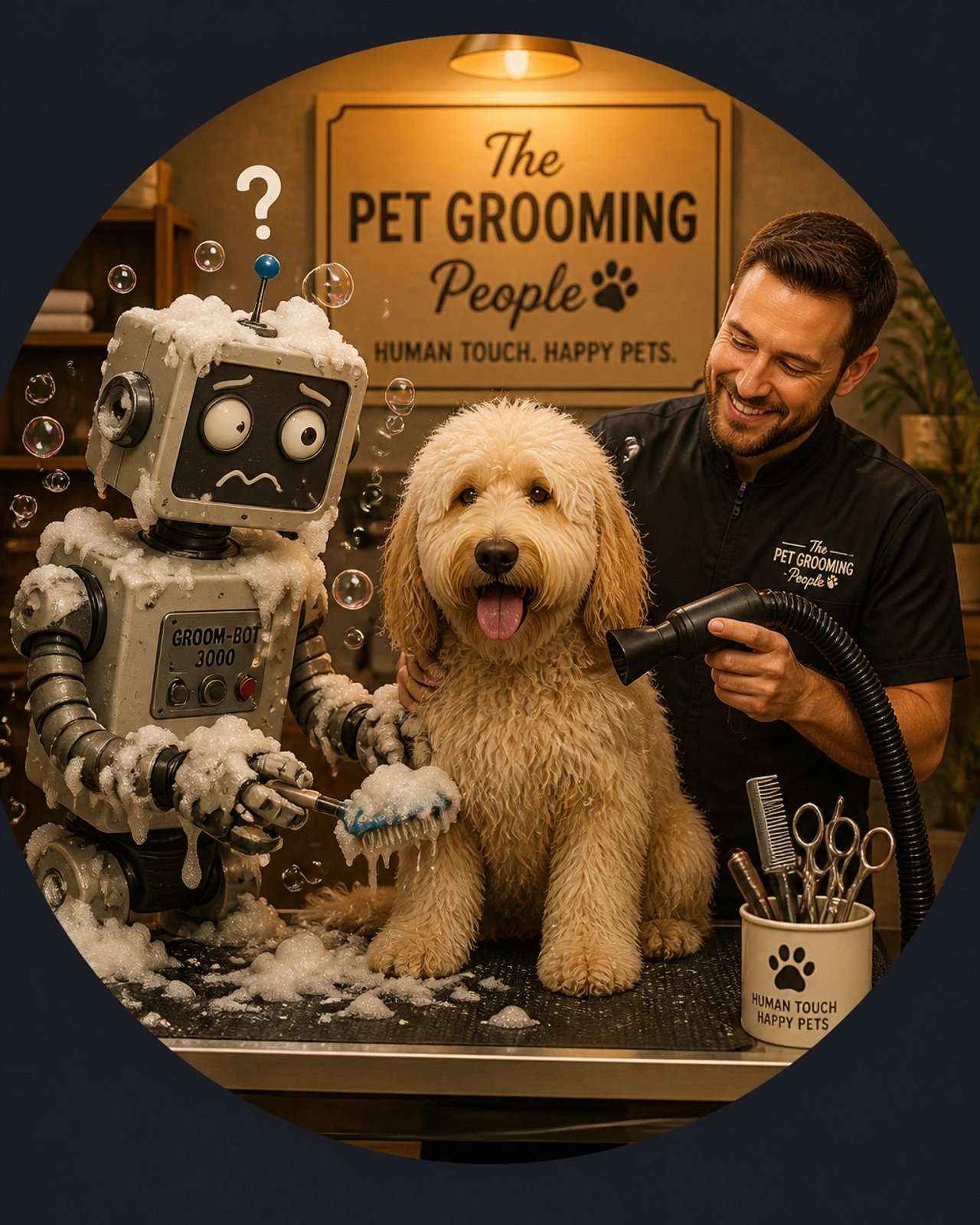 A robot failing to groom a dog while a human franchise owner does it perfectly, illustrating the human touch