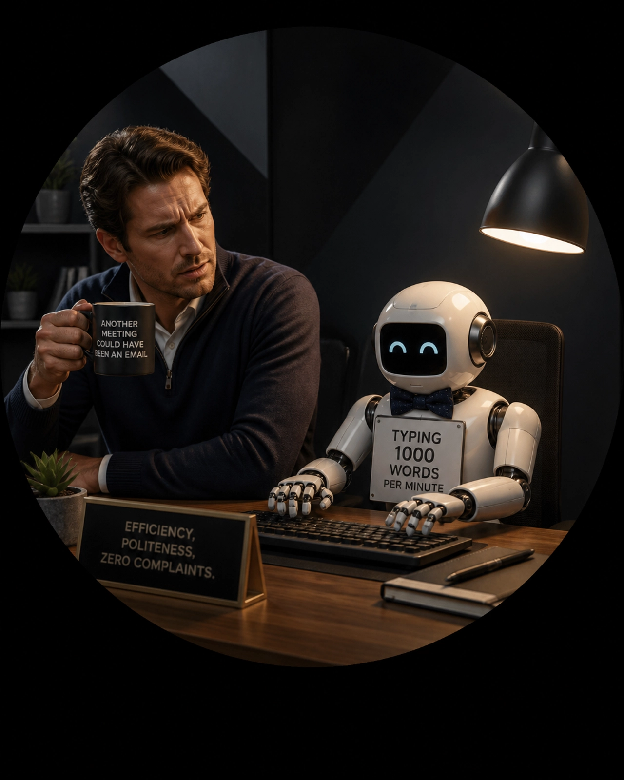 A professional worker watching a robot take over their desk tasks