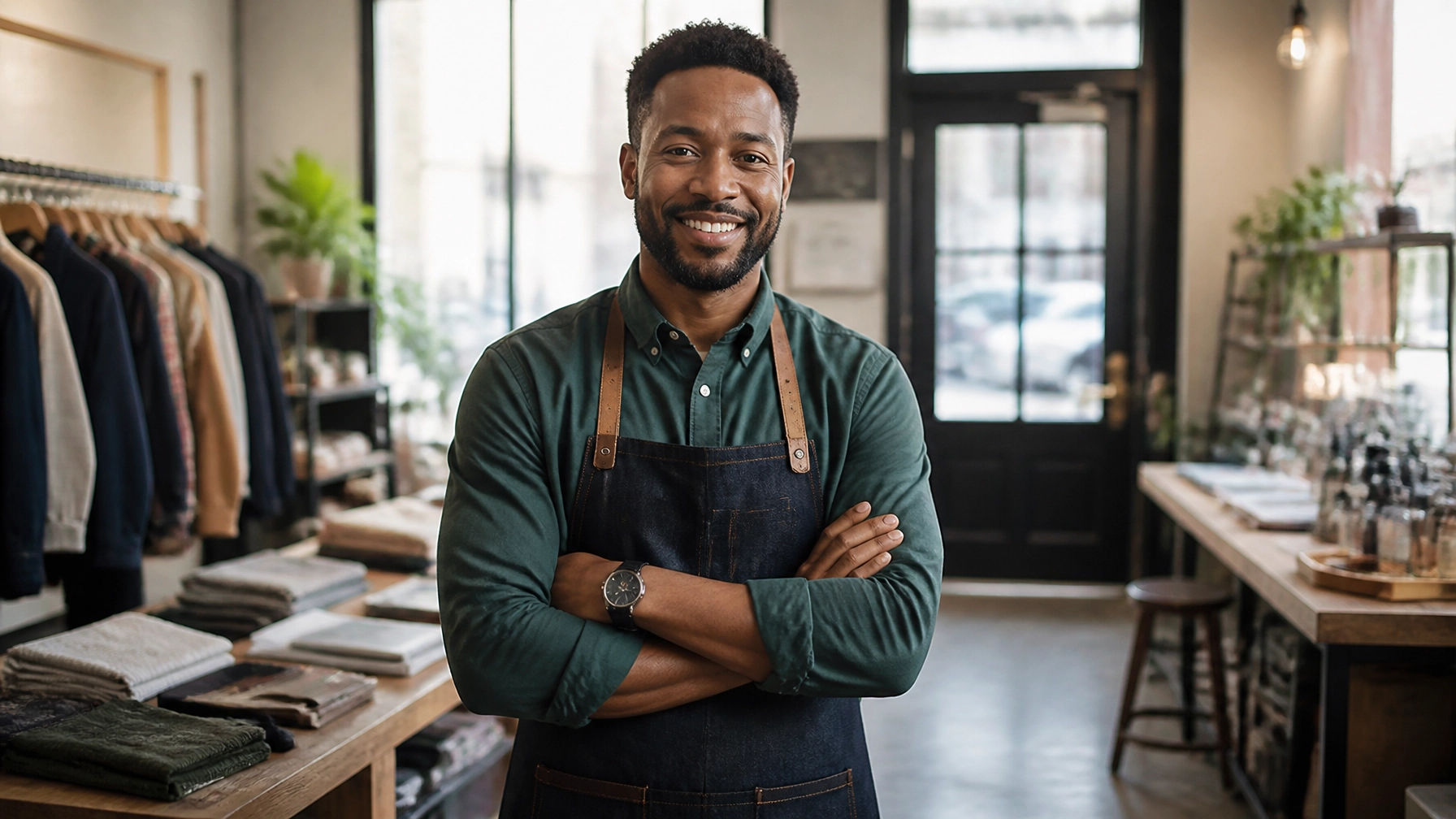 Confident entrepreneur standing inside a bright modern storefront, representing franchise ownership and career transition.