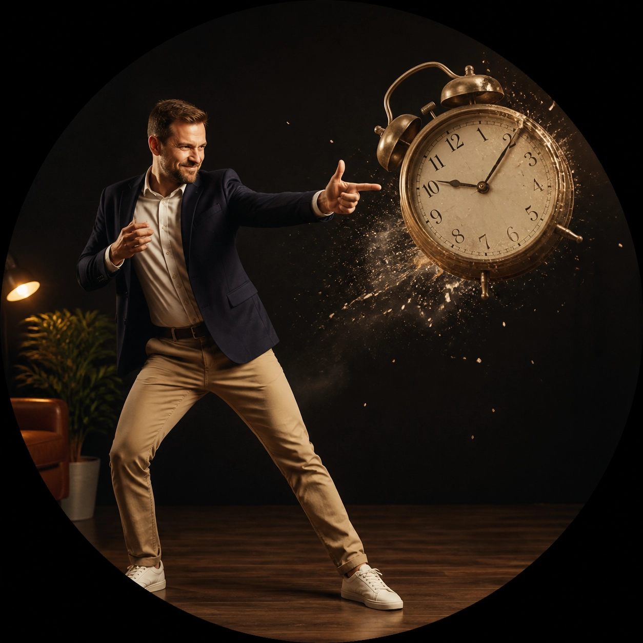 A man playfully 'firing' an alarm clock, representing the liberation of starting a business after a layoff.