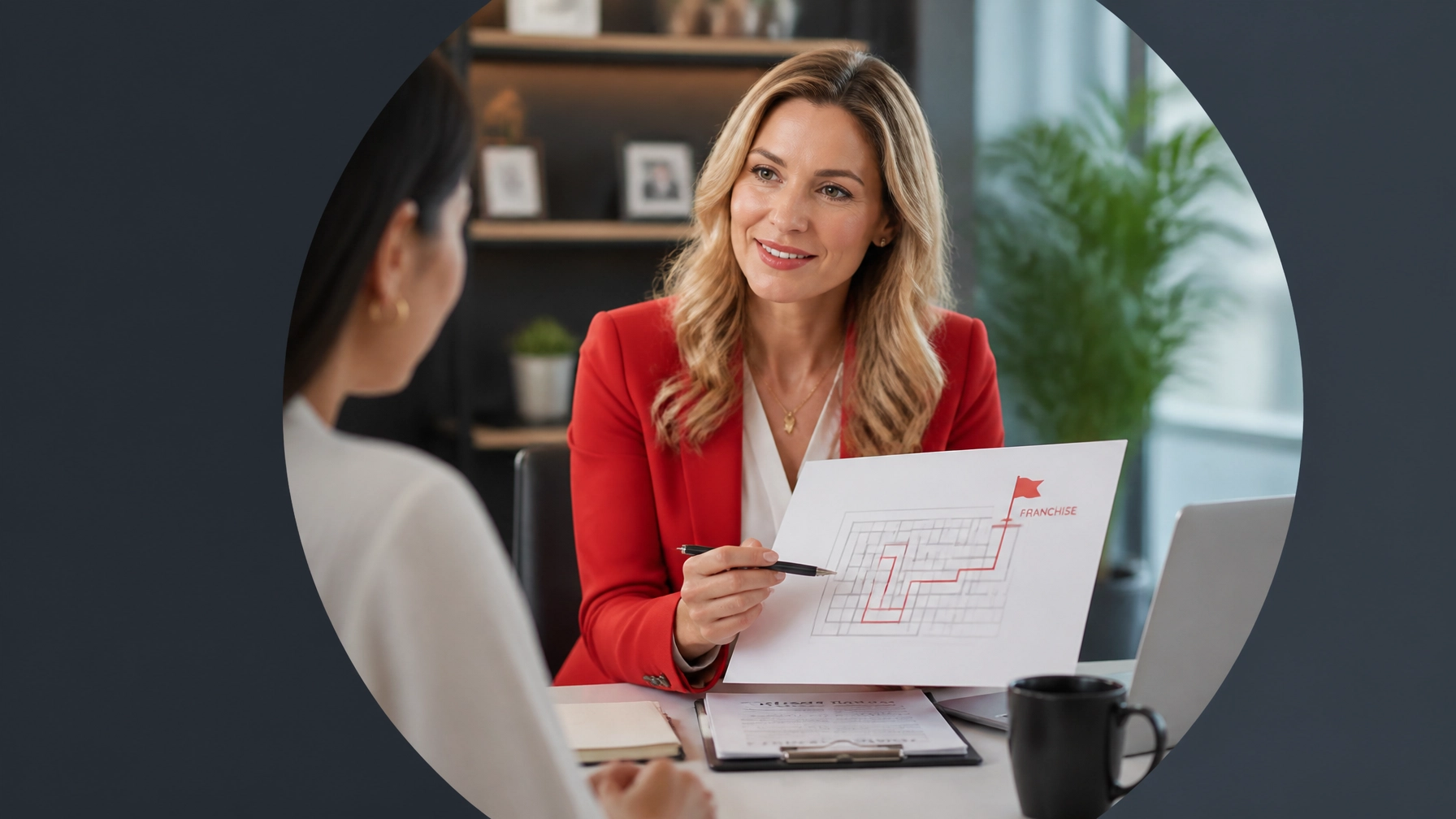 A blonde professional woman in a red blazer guiding a franchise consultation, representing expert guidance in a professional search process.