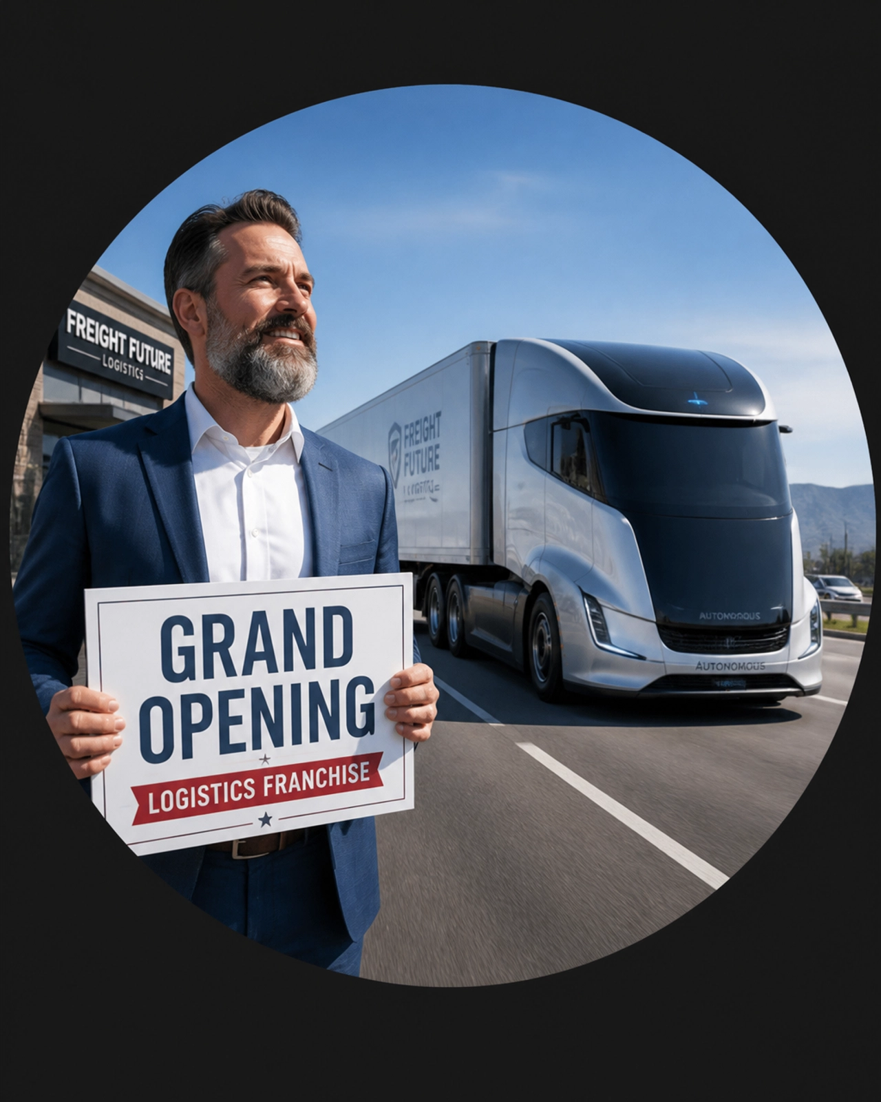 A futuristic autonomous truck driving past a former driver who is now a successful franchise owner