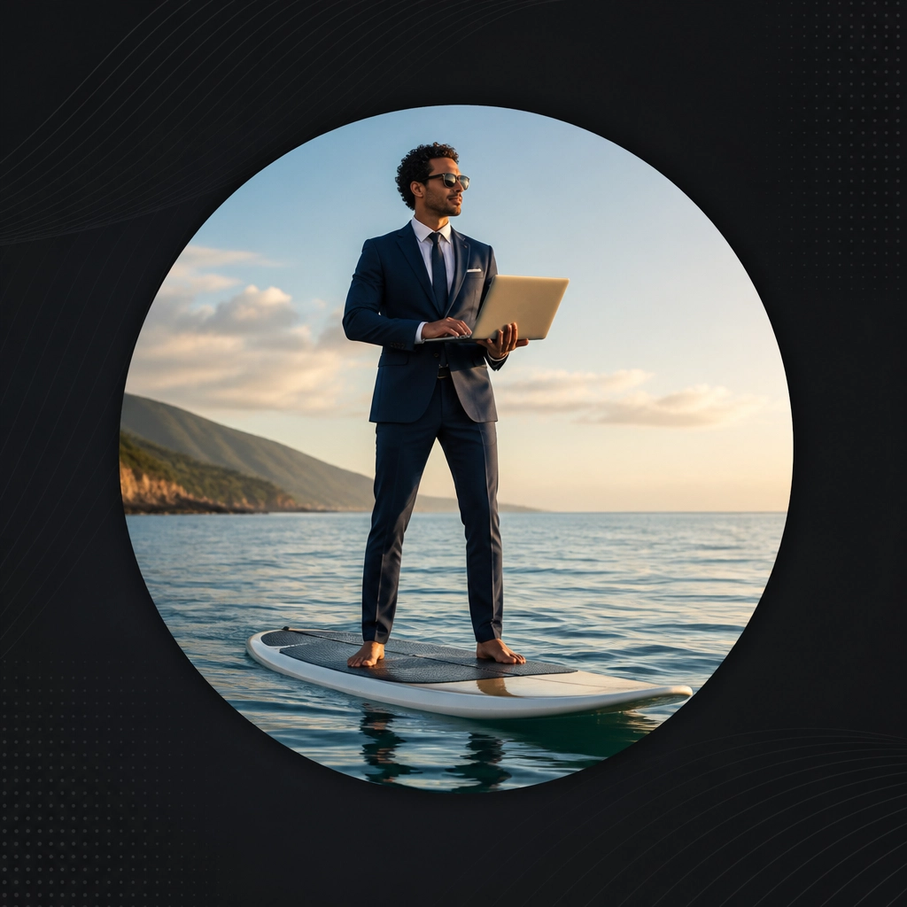 A professional person in a suit standing on a surfboard, symbolizing freedom and control