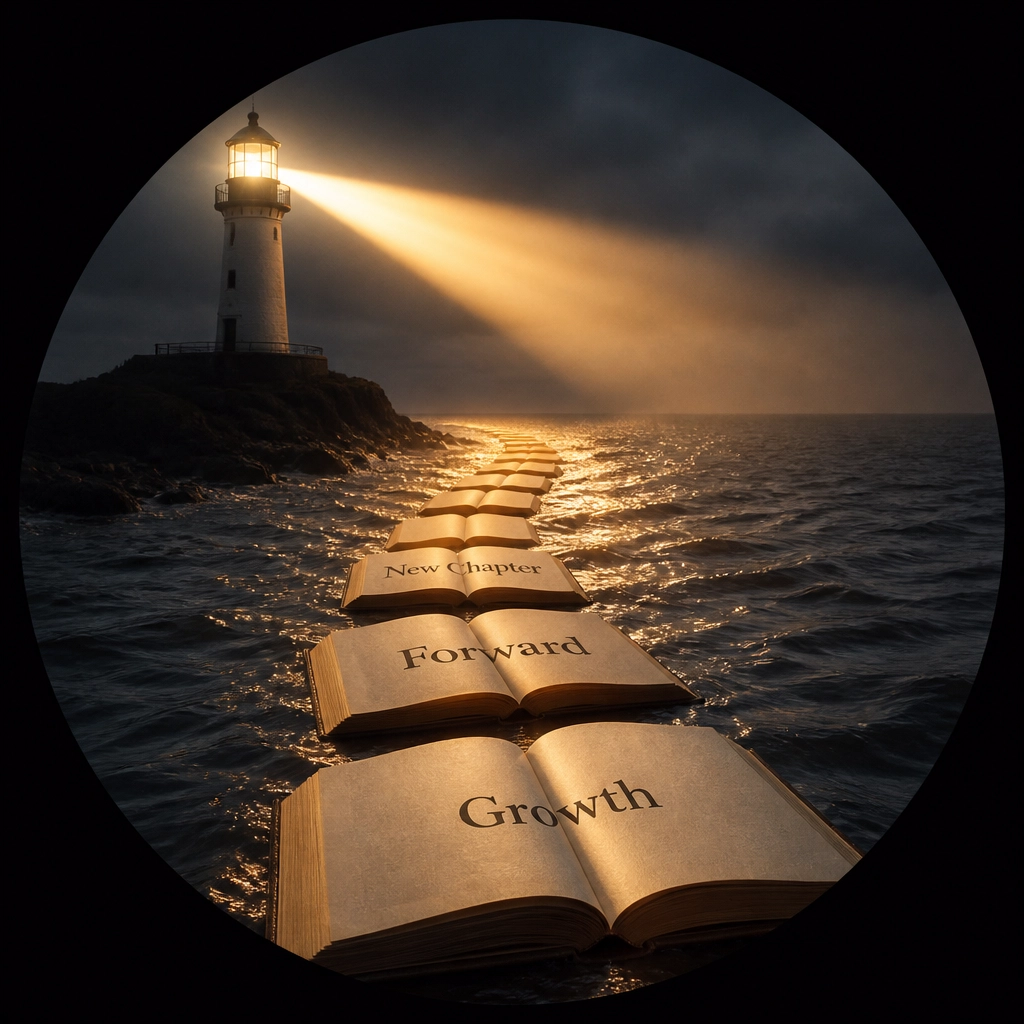 A lighthouse illuminating a path of books titled 