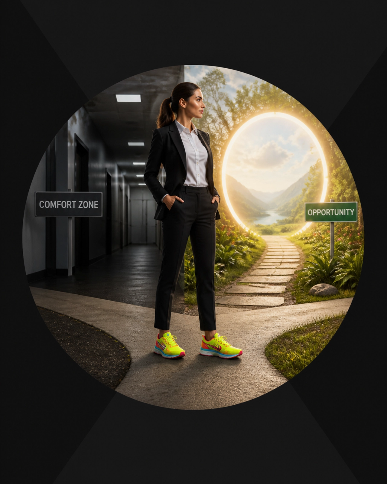 A professional woman in a suit wearing neon running shoes, stepping toward a portal of new opportunity