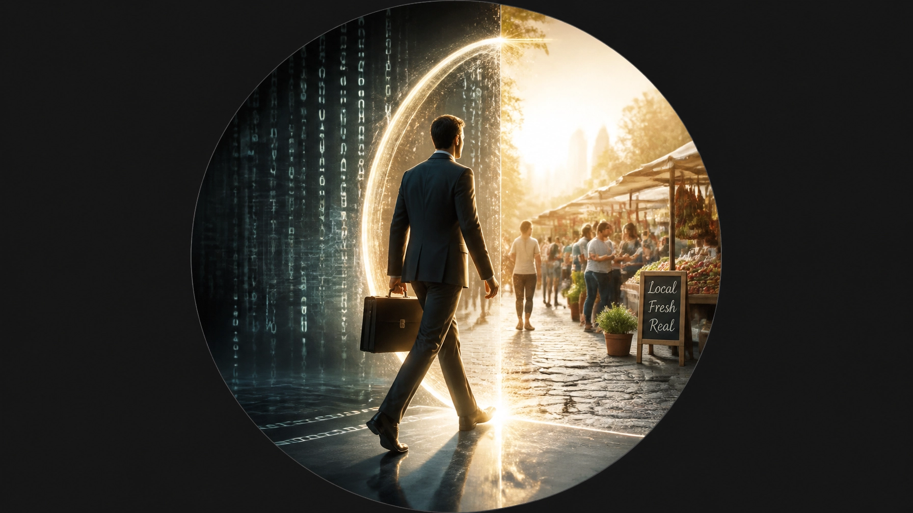 Professional stepping through a digital portal into a sunny physical marketplace