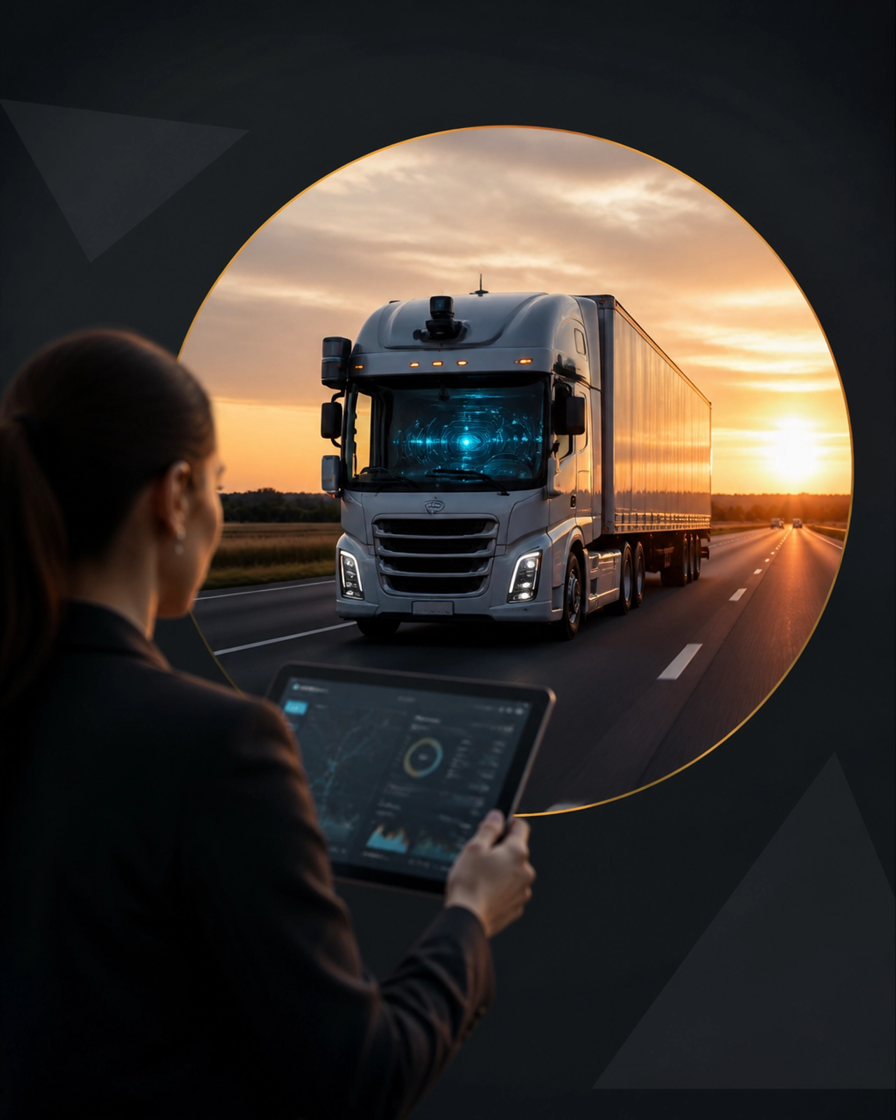 Autonomous trucking fleet being managed via tablet, illustrating the shift from labor to oversight