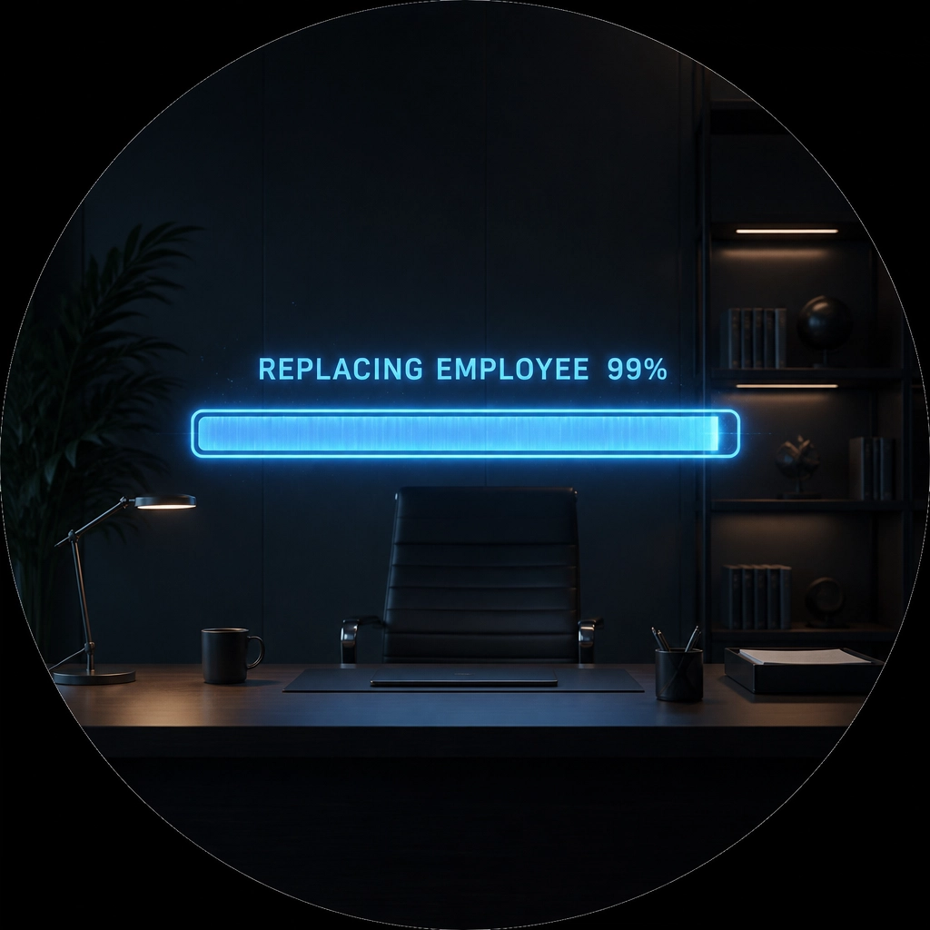 A humorous depiction of a corporate desk where a digital progress bar floating in the air says 'Replacing Colleague... 99% complete', framed in a perfect circle against a dark minimalist background.