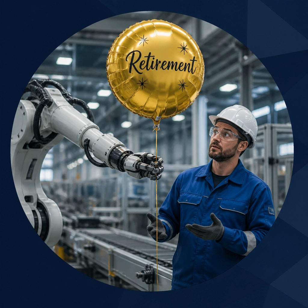 A robotic arm handing a retirement balloon to a factory worker, in a circular mask