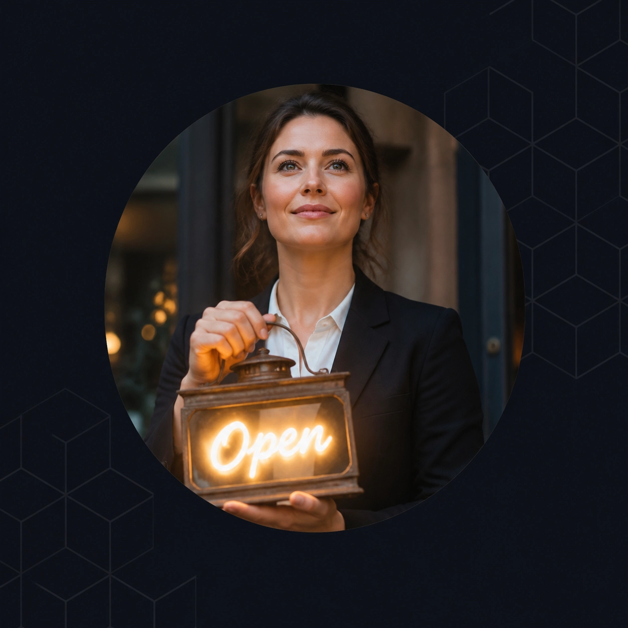 A professional person holding a lantern that is a glowing 'Open' sign, symbolizing finding light and purpose, set in a circular mask on a dark background.